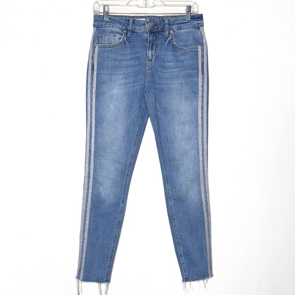 Anthropologie Shimmer Metallic Silver Racer Side Stripe Fringe Hem Cropped Jeans - Picture 2 of 15